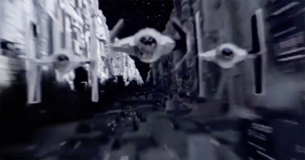 Imperial TIE fighters racing through the Death Star trench in "Star Wars."