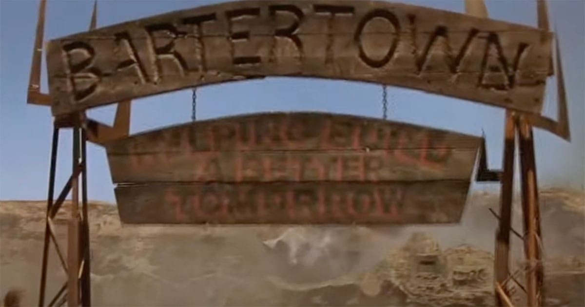 Bartertown settlement in Mad Max Beyond Thunderdome showing frontier survival environment similar to Tatooine in science fiction.