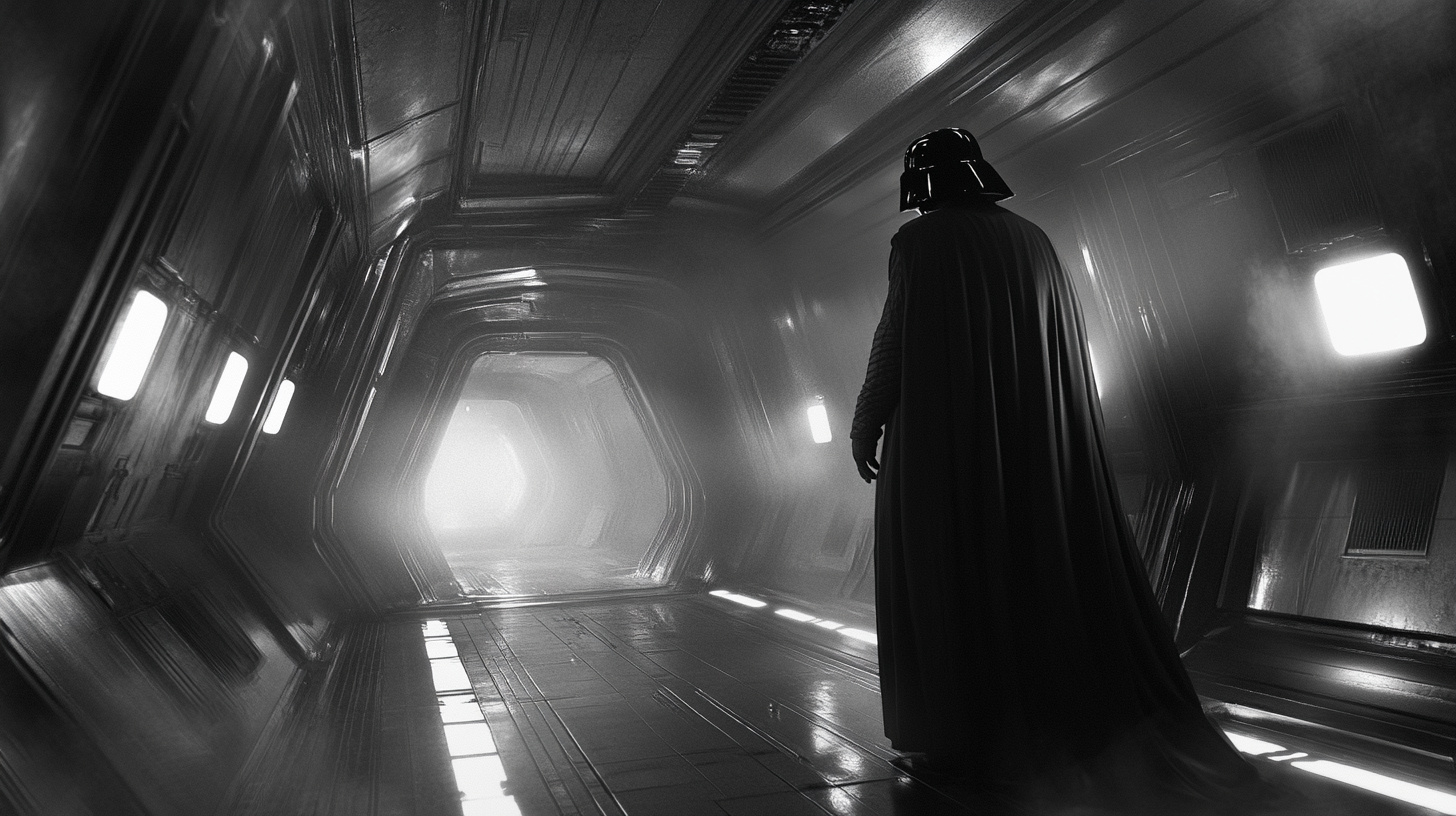 Darth Vader walks alone through a narrow corridor on the Death Star, surrounded by mechanical walls that emphasize his isolation and confinement.