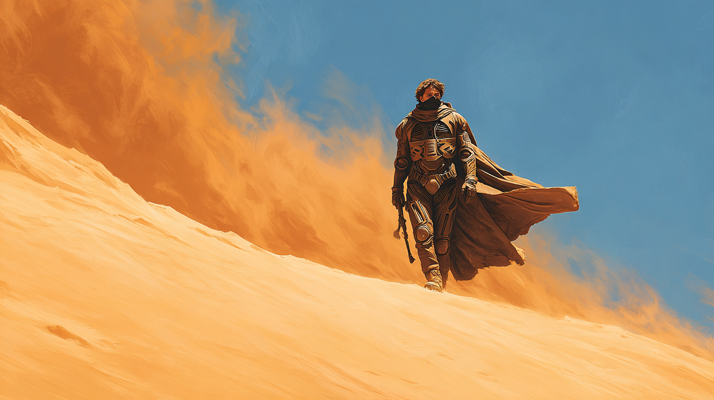 Paul Atreides walking through desert on Arrakis in Dune showing clear and recognizable science fiction landscape.