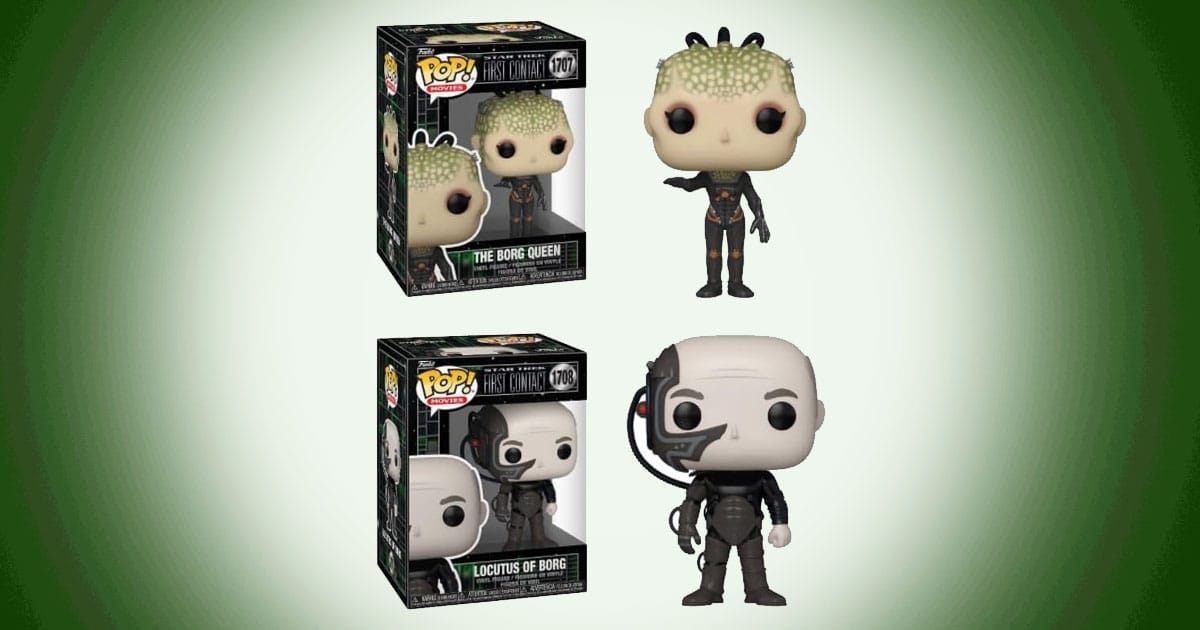 Funko Pop Star Trek First Contact Borg Queen and Locutus figures with boxes displayed together.