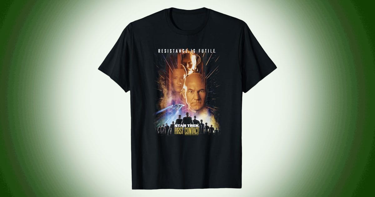 Star Trek First Contact graphic t-shirt with movie poster design featuring Picard Borg Queen and crew.