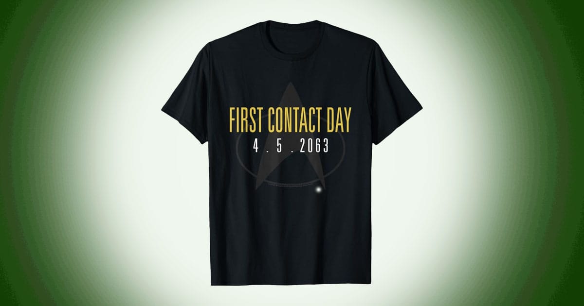 Black Star Trek First Contact Day t-shirt with 4-5-2063 date and Starfleet delta logo on front.