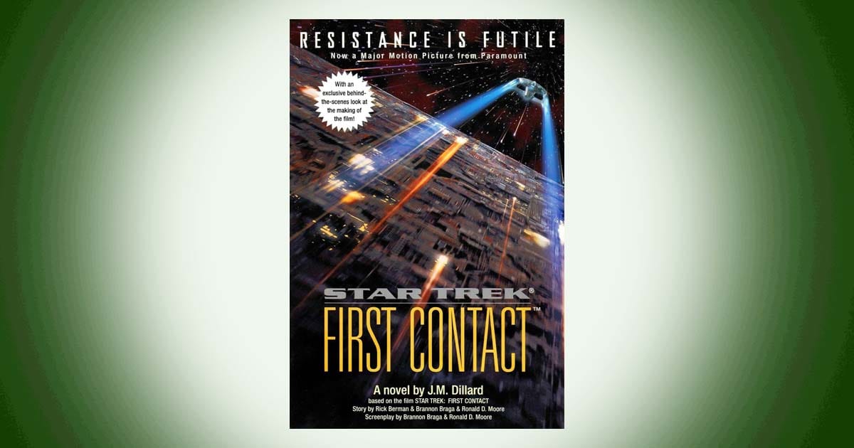 Star Trek First Contact novel cover with Borg cube attacking Earth and starship in space scene.
