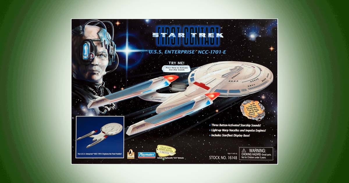 Star Trek First Contact USS Enterprise NCC-1701-E electronic starship model with lights and sound features in packaging.