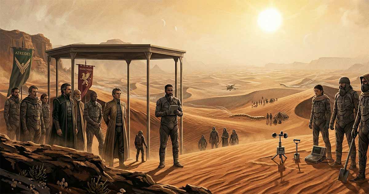 A stillsuit-clad official stands between noble House representatives and Fremen observers during a formal transfer of power on Arrakis.