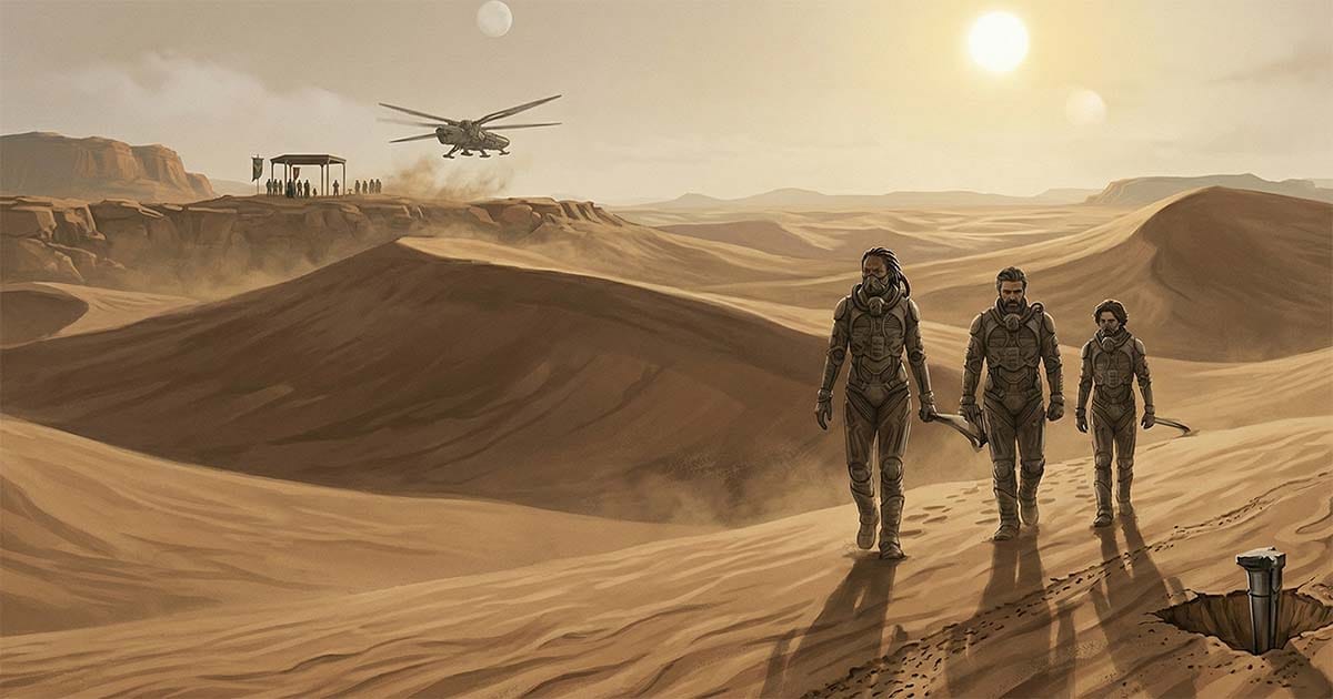 Liet-Kynes walks with Duke Leto and Paul Atreides across the desert of Arrakis with an ornithopter flying overhead.