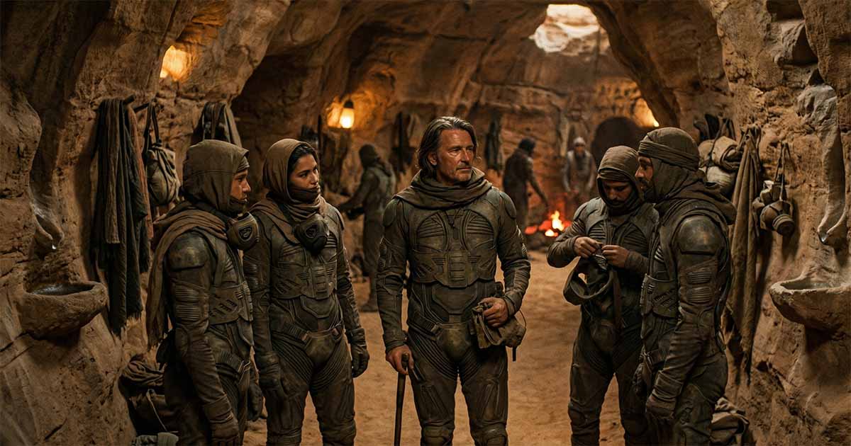 Liet-Kynes stands with a group of Fremen inside a desert sietch, all wearing stillsuits and interacting as equals.