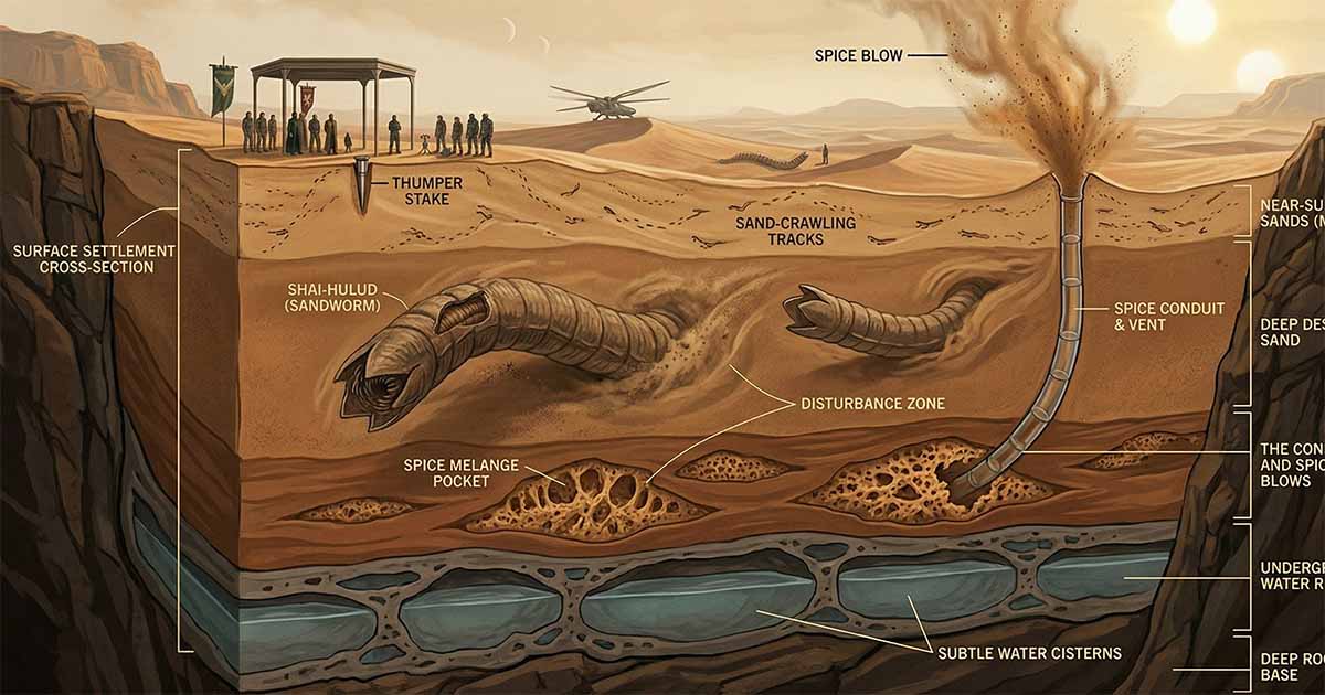 A cross-section of the desert planet Arrakis showing sandworms beneath the surface, spice pockets, and underground water reserves.