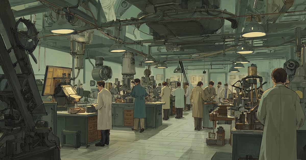 Scientists working in structured laboratory environment using tools and instruments in classic science fiction illustration.
