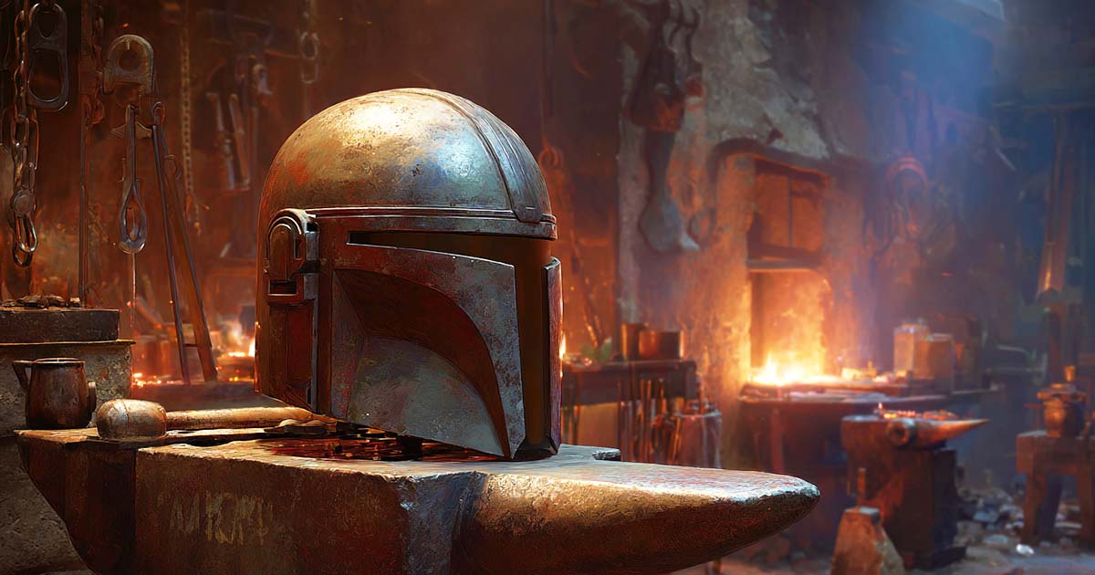 Mandalorian helmet resting on an anvil in a forge, symbolizing the Mandalorian Creed and “This is the Way” tradition in Star Wars.