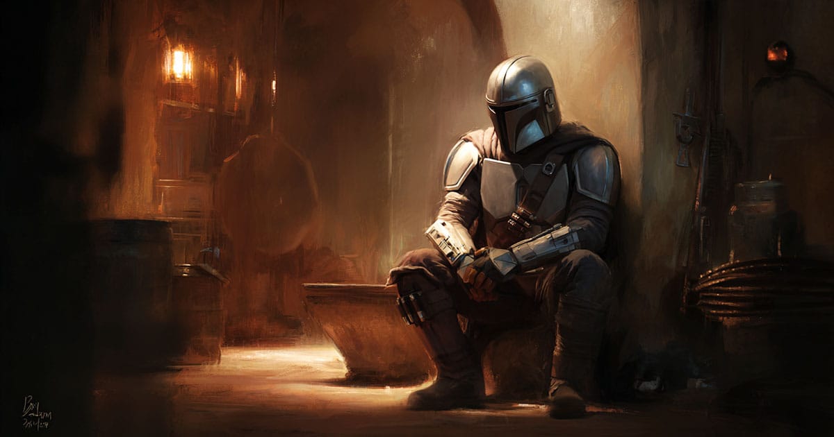 Mandalorian warrior sitting alone in dim light, reflecting on identity and duty in the Mandalorian Creed Star Wars.