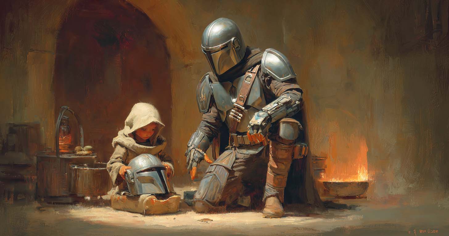 Mandalorian warrior teaching a foundling child with a helmet in a forge, representing adoption and identity in Mandalorian Creed Star Wars.