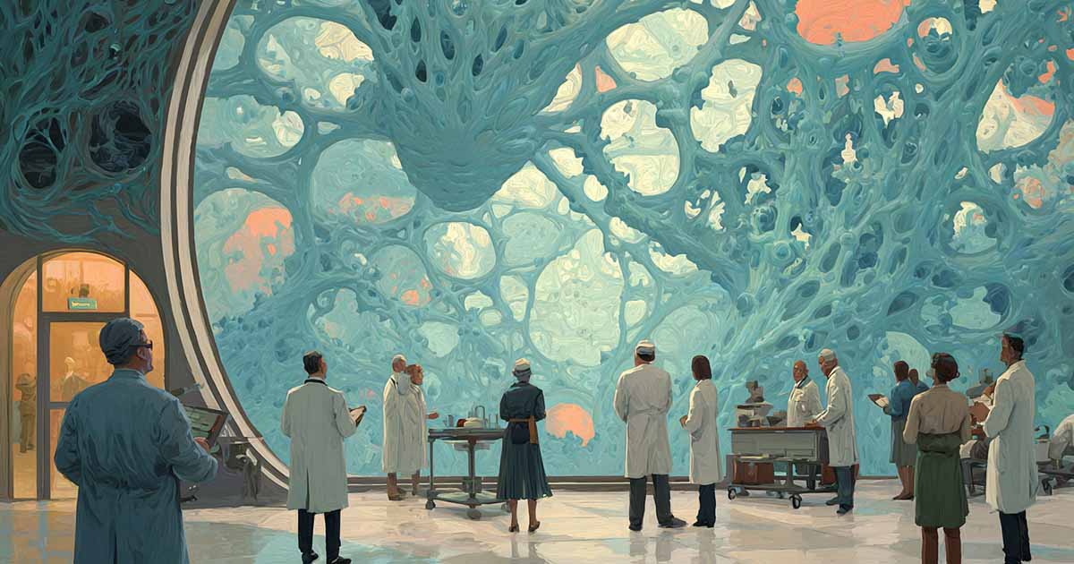 Scientists observing complex structured alien formation through large window as patterns begin to emerge in science fiction illustration.