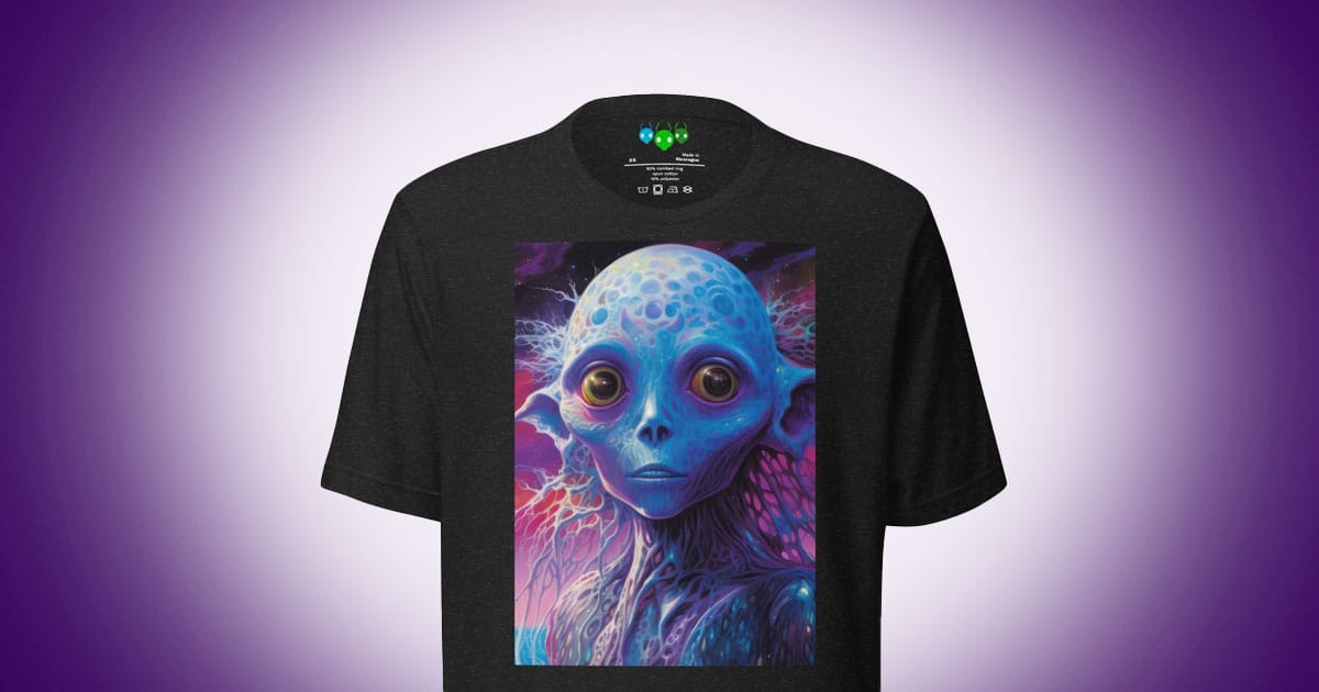 Water alien elf t-shirt design featuring a blue extraterrestrial figure with large eyes in a colorful science fiction illustration.