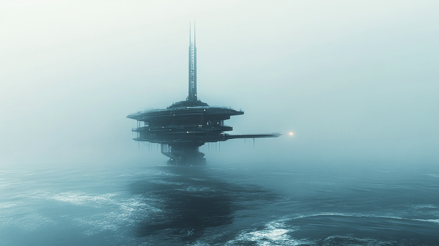 Surreal space station tethered above the surface of a mysterious alien ocean under dense blue fog with a shadowed planet in the distance
