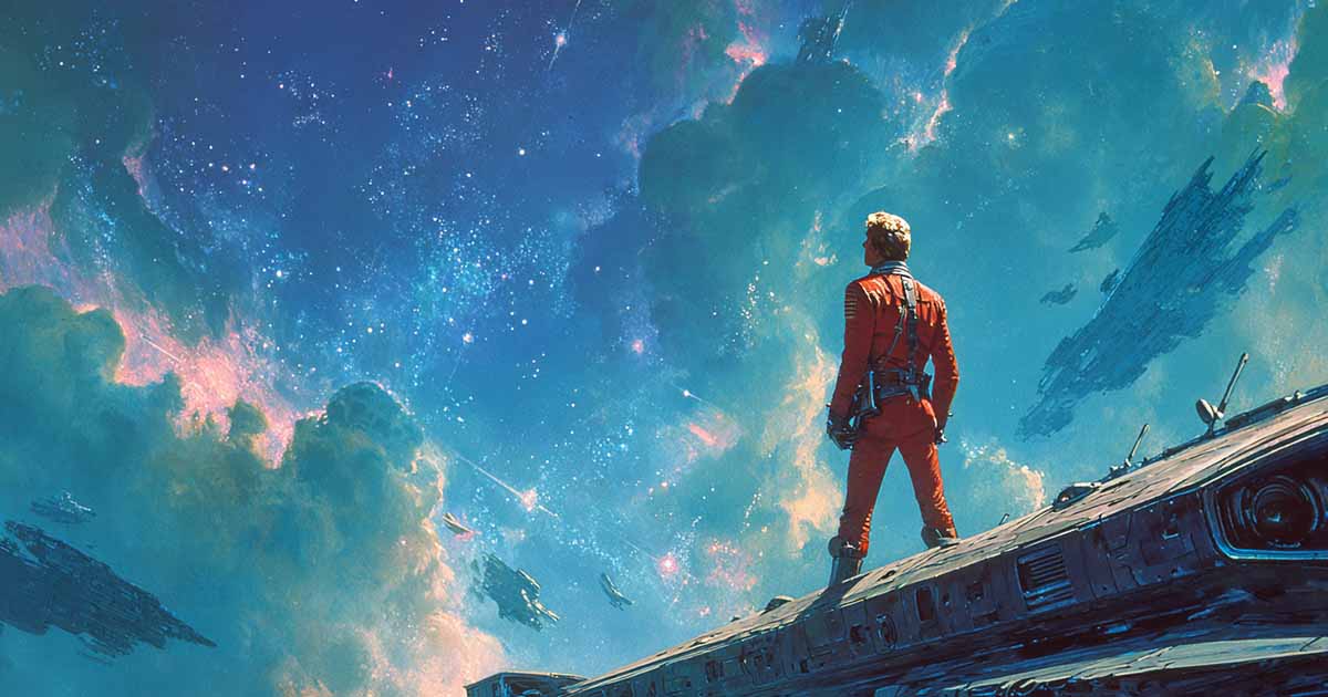 A brave star pilot stands on the hull of a ship, gazing at a war-torn galaxy, glowing nebulae and scattered wreckage in the background.