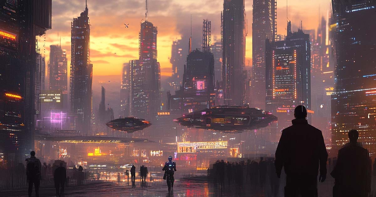 Humanoid robot and people overlooking a futuristic city skyline at sunset.