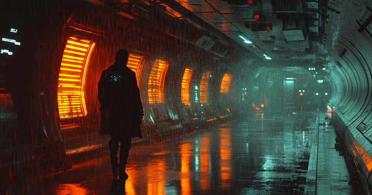 A ghostlike figure walks through a starship corridor shimmering with neon rain, suspended between reality and illusion.