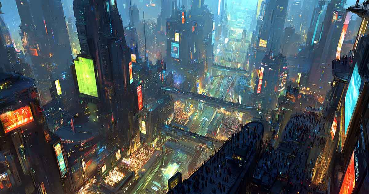 Futuristic megacity at night with towering skyscrapers, neon billboards, and dense crowds viewed from above.