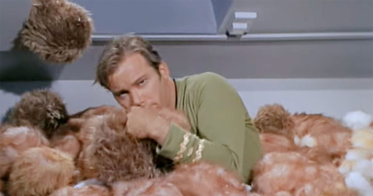 Captain Kirk buried in tribbles aboard the Enterprise in “The Trouble with Tribbles” episode of Star Trek.
