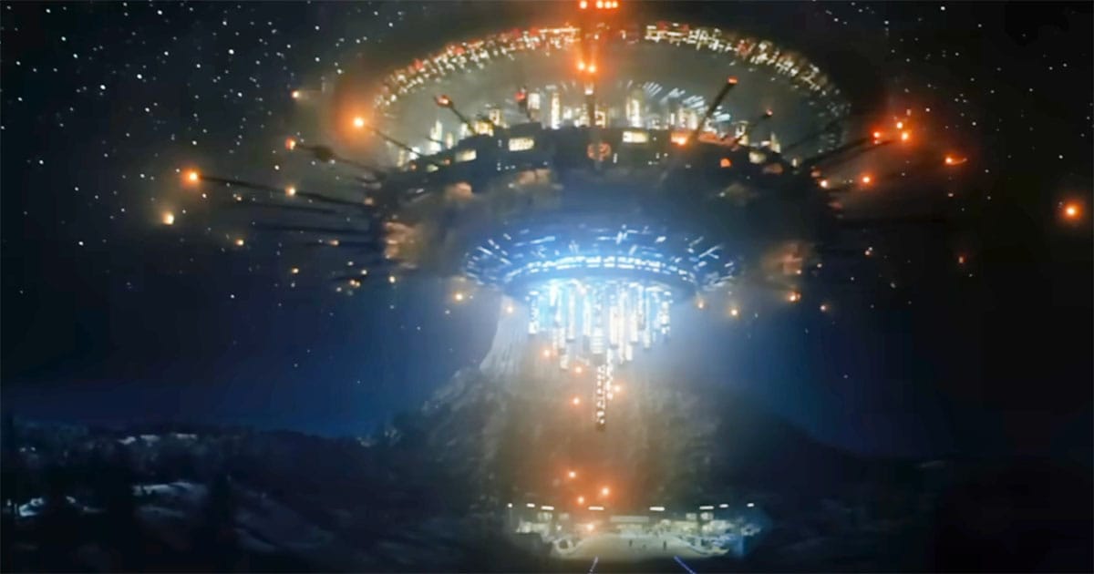 "Close Encounters of the Third Kind" mothership hovering above Devil’s Tower in Spielberg’s 1977 science fiction film.