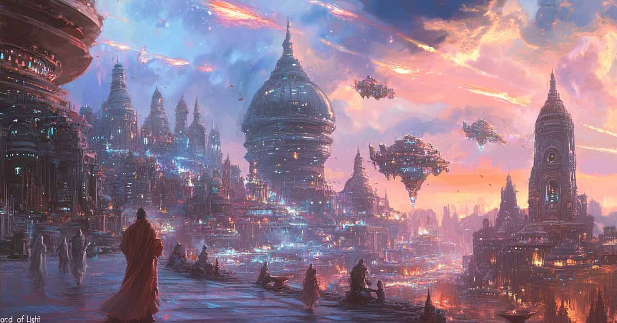 Futuristic cityscape with temple-like towers, floating ships, and robed figures inspired by "Lord of Light."