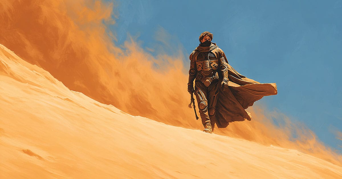 A young man in desert survival gear walks across a steep dune with orange sand blowing behind him.