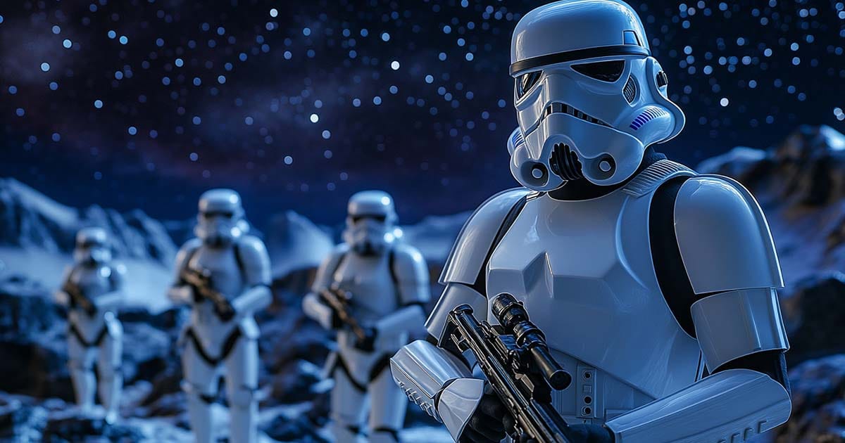 Stormtroopers holding blasters at night symbolizing the Galactic Empire’s power and the myth of their bad aim in “Star Wars.”
