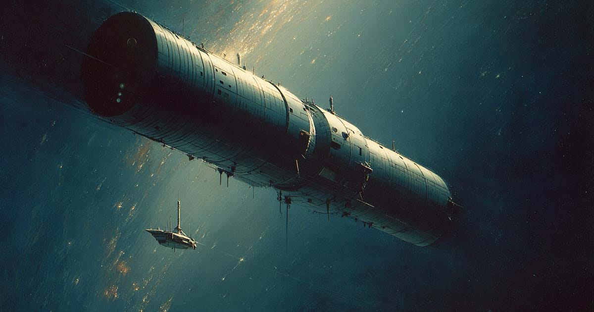 Cylindrical alien spacecraft with a smaller human ship approaching in deep space, inspired by “Rendezvous with Rama” by Arthur C. Clarke.