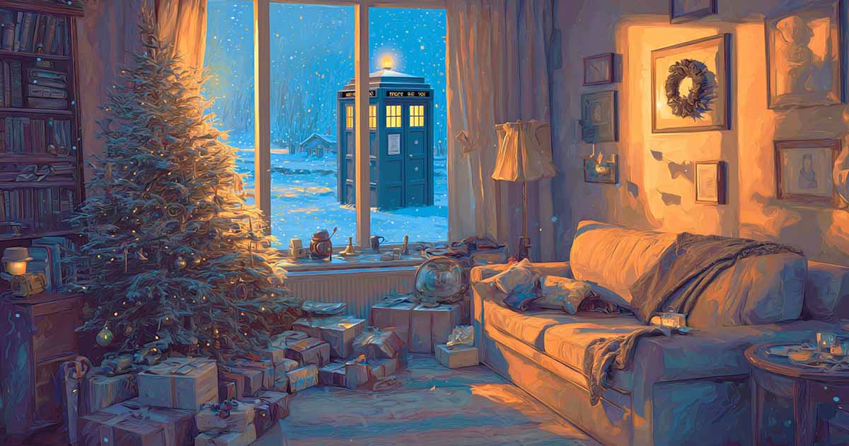 Cozy Christmas living room with decorated tree and presents by a window showing the glowing blue TARDIS outside in the snow, digital painting in the style of Simon Stålenhag.