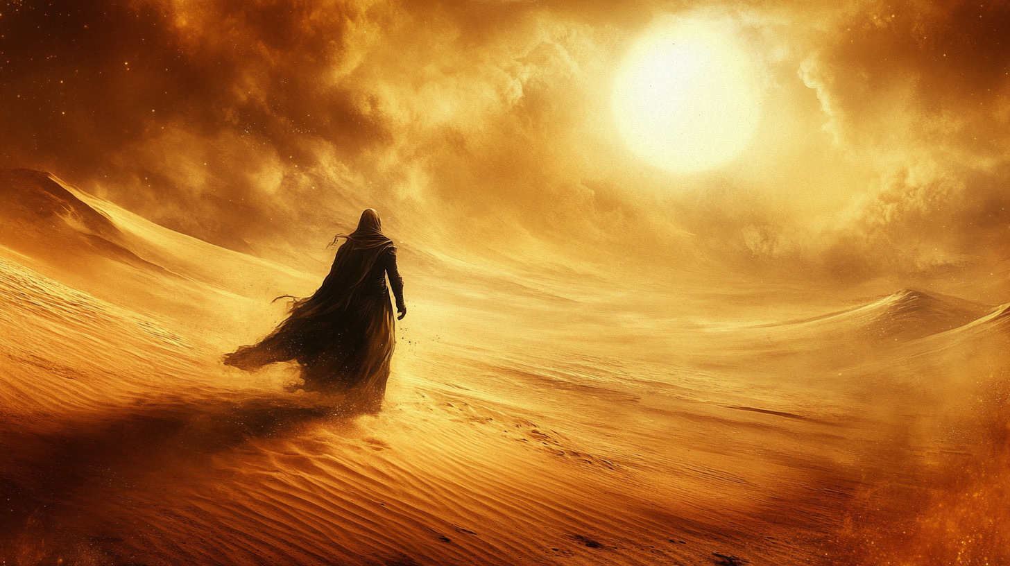 Lone figure walking across golden desert dunes beneath a blazing sun, symbolizing the world of Dune and the timeless inspiration behind the featured gifts in the article.