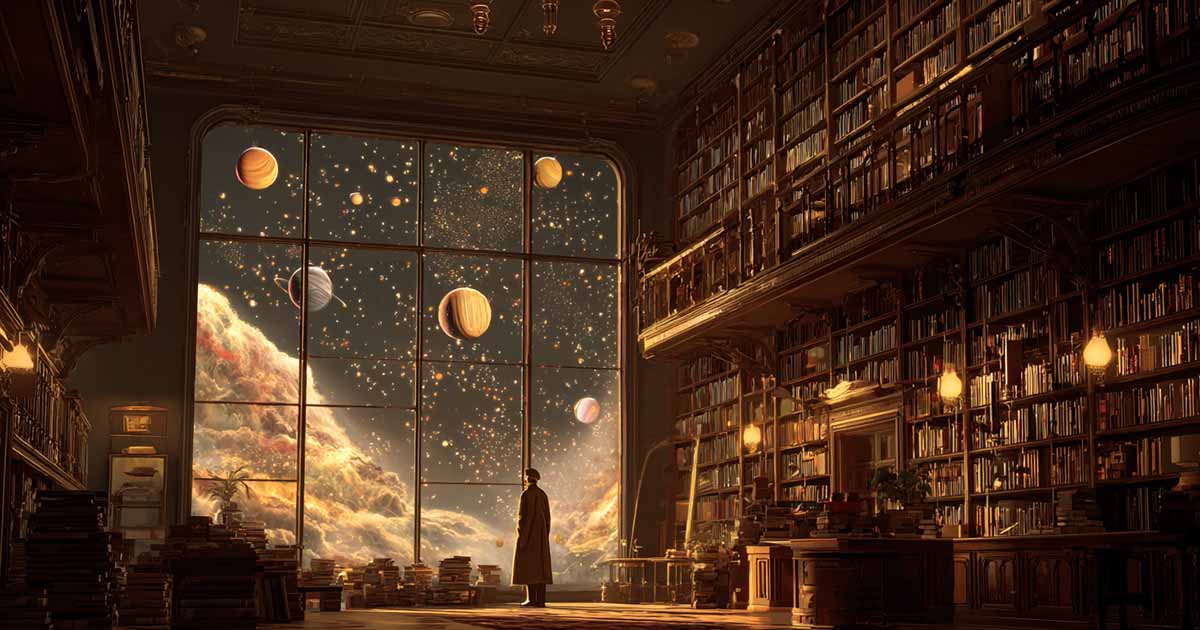 Digital painting of a vast vintage library with a view of outer space through tall windows planets and stars glowing beyond the bookshelves evoking classic science fiction wonder.