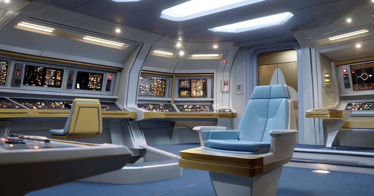 Starship bridge interior with a central command chair and illuminated control panels.