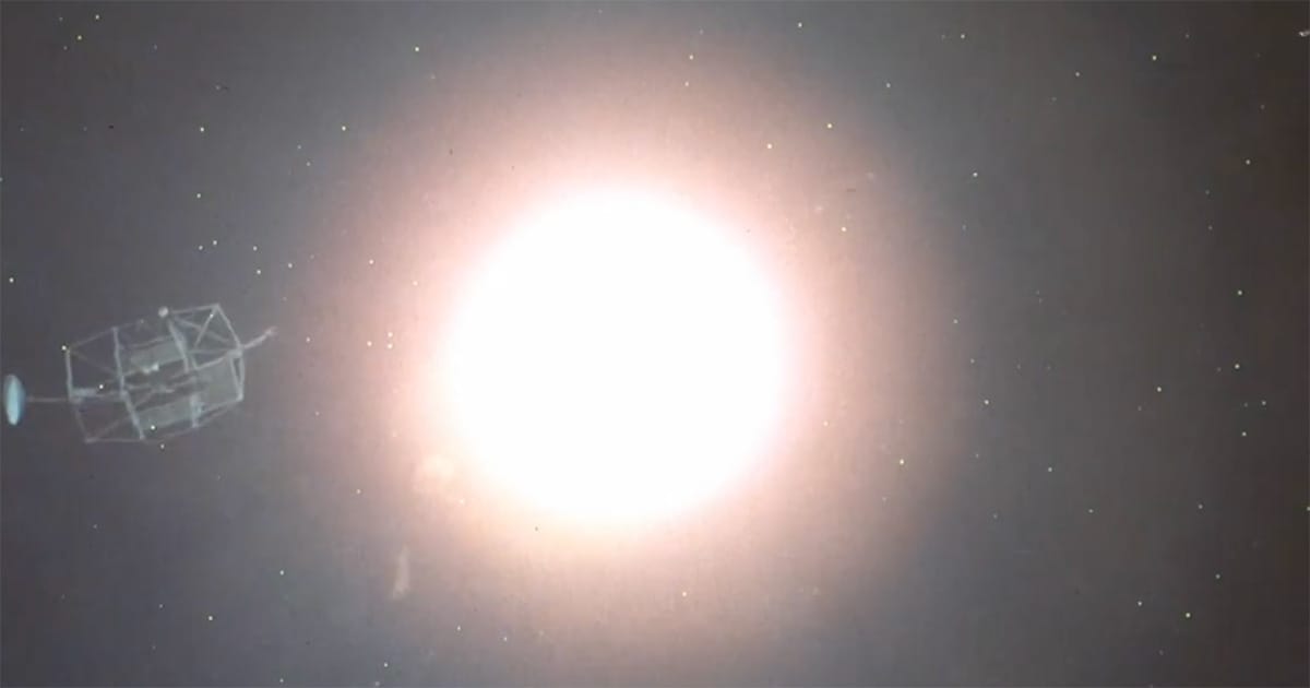 A lone geodesic forest dome drifting through space toward the sun in Silent Running from 1972.