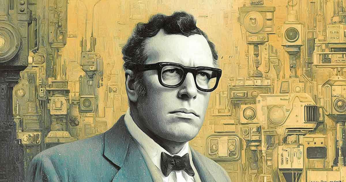 Generated image of Isaac Asimov with glasses standing before a detailed futuristic machine filled background.