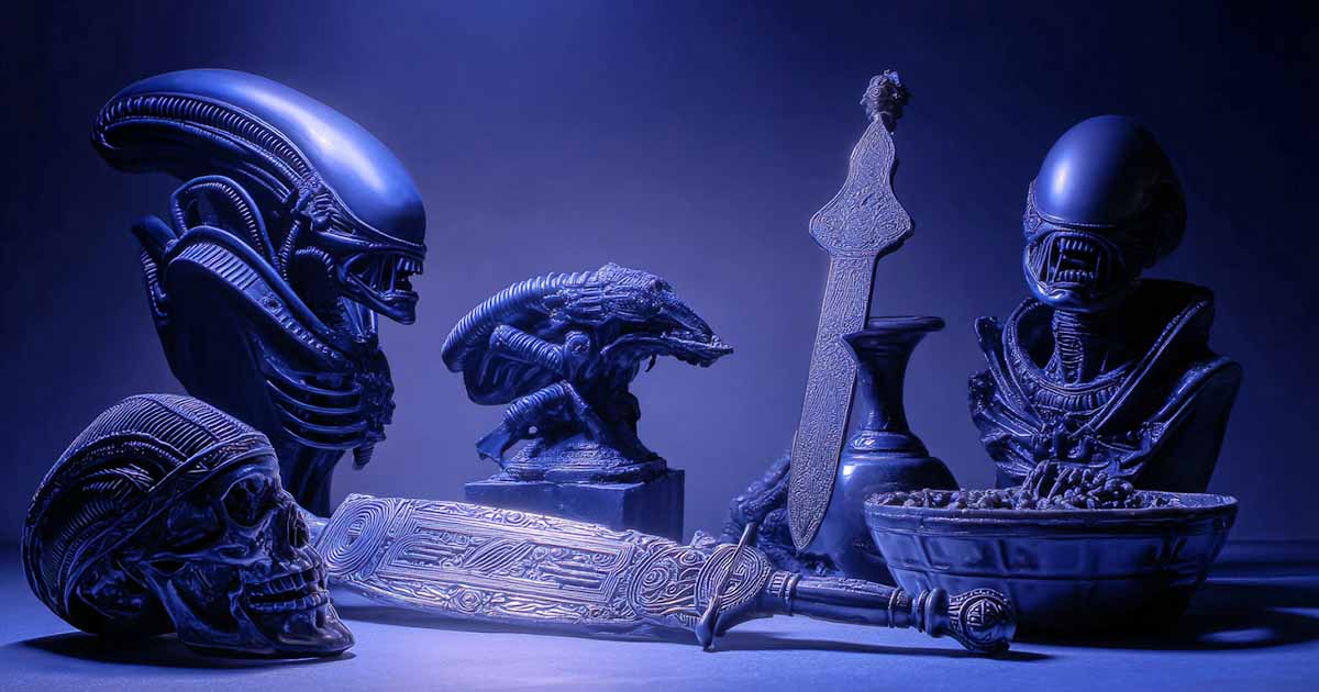 Science fiction collectibles arrangement featuring alien figures ceremonial blade and helmet in blue studio lighting.