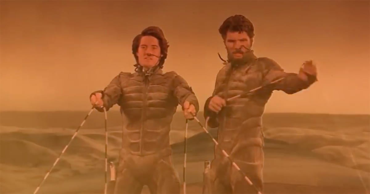 Stilgar and Paul Atreides riding a sandworm across the deserts of Arrakis, practicing the Fremen art of sandworm riding.