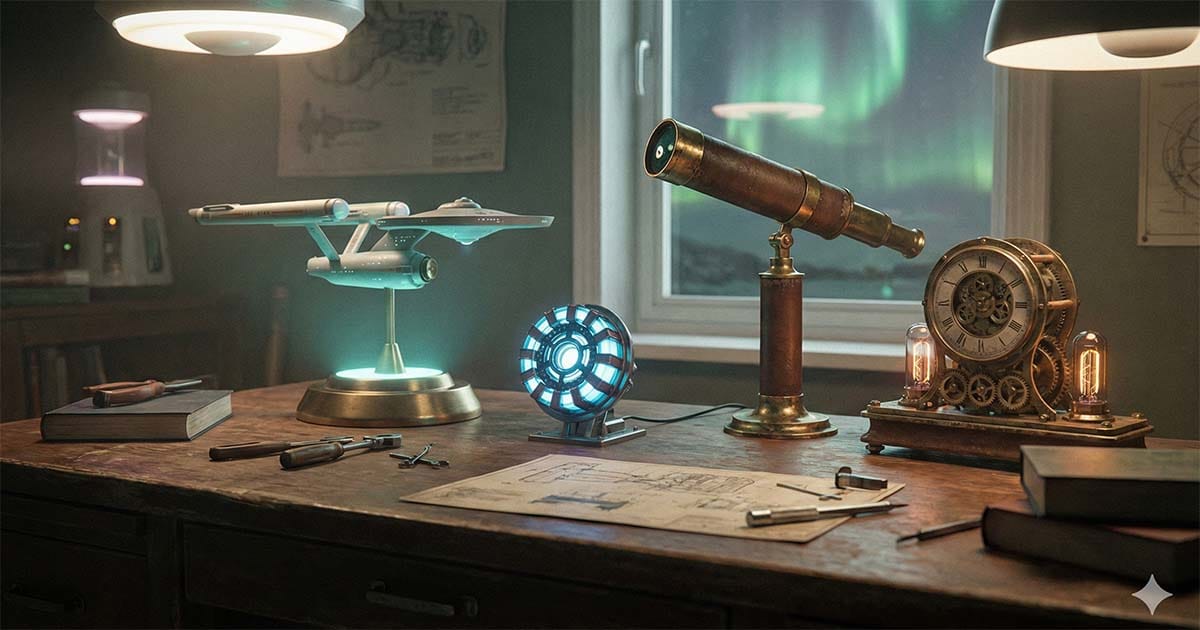 Science fiction collectibles on desk with levitating spaceship, glowing arc reactor, brass telescope, and steampunk clock under aurora lights.