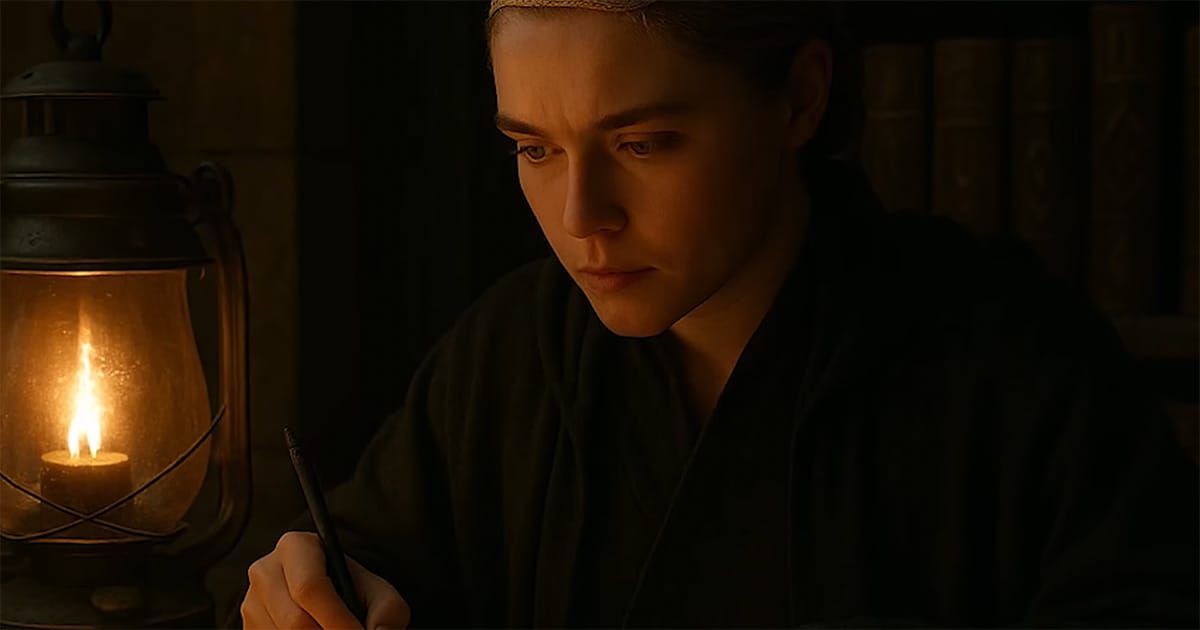 Princess Irulan seated at a desk, writing by the light of an oil lamp in a quiet interior.