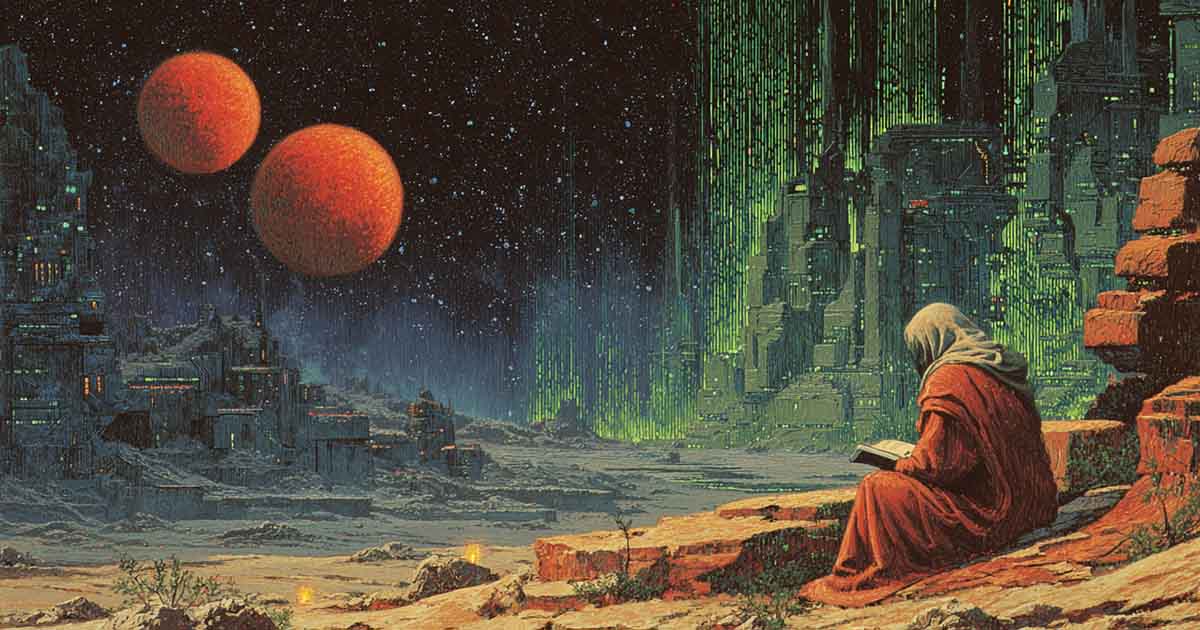 Robed figure reading in ruined city beneath twin suns, symbolizing memory and survival in classic science fiction.