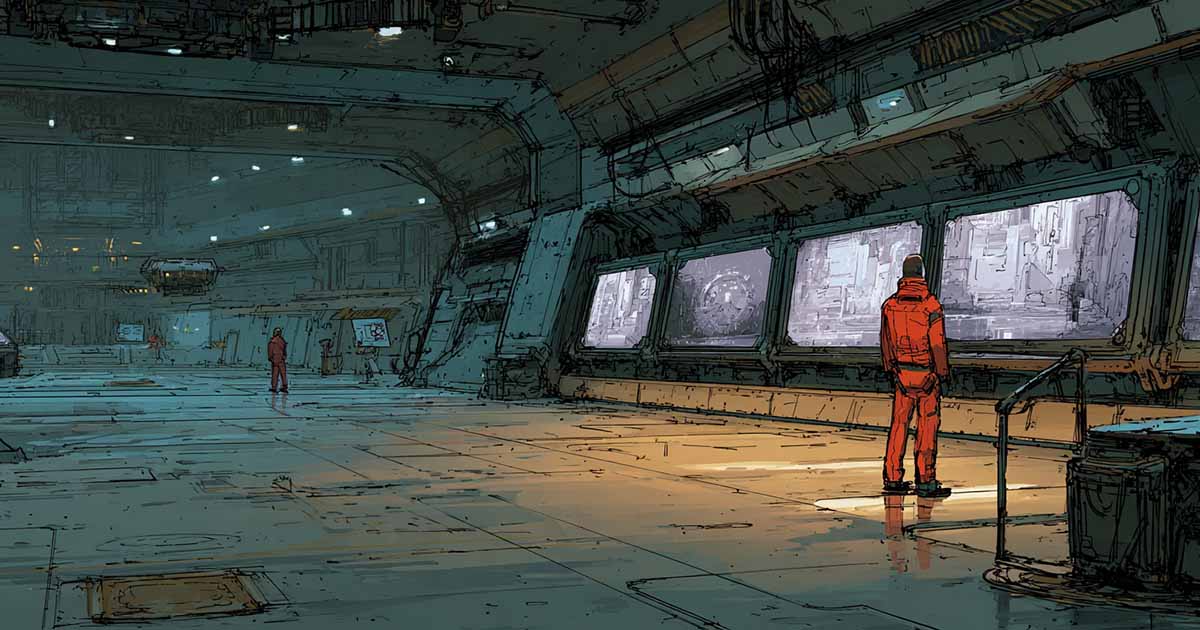 A lone cadet stands inside a vast futuristic training facility, facing observation windows.