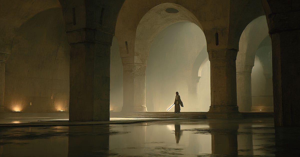 A robed figure stands inside a vast stone chamber, holding a softly glowing energy blade in a moment of quiet reflection.