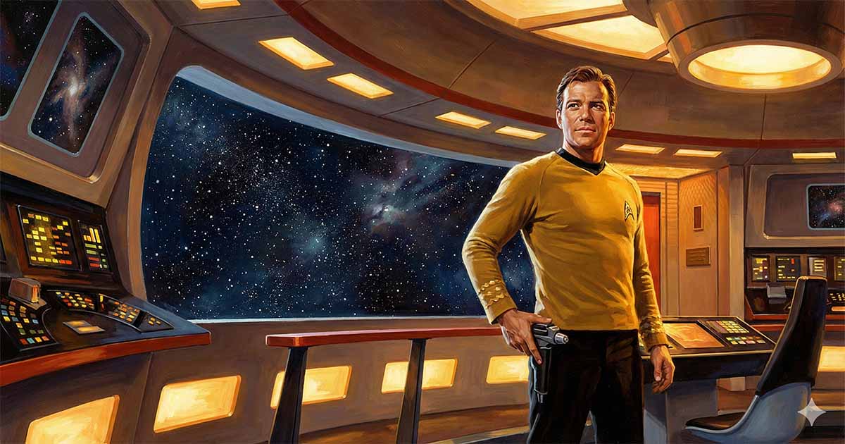 Gold uniformed starship captain standing on classic science fiction bridge with phaser in hand and stars visible through wide viewport in retro space art style.