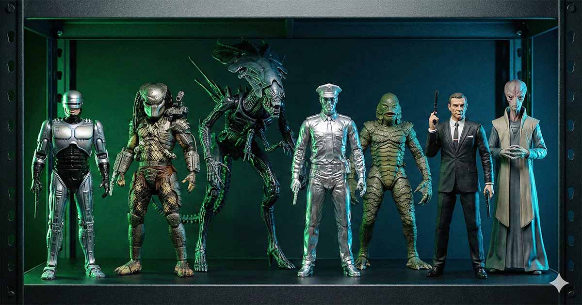 Science fiction action figures displayed on a shelf under green and blue lighting.
