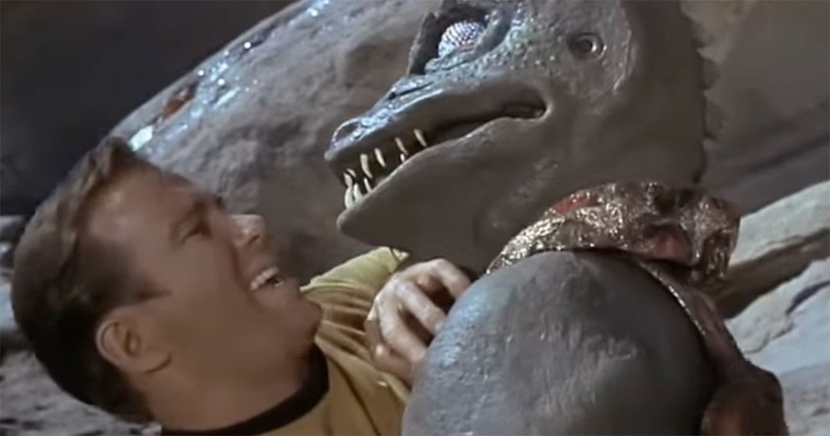 Captain Kirk fighting the Gorn in the "Star Trek" episode "Arena"