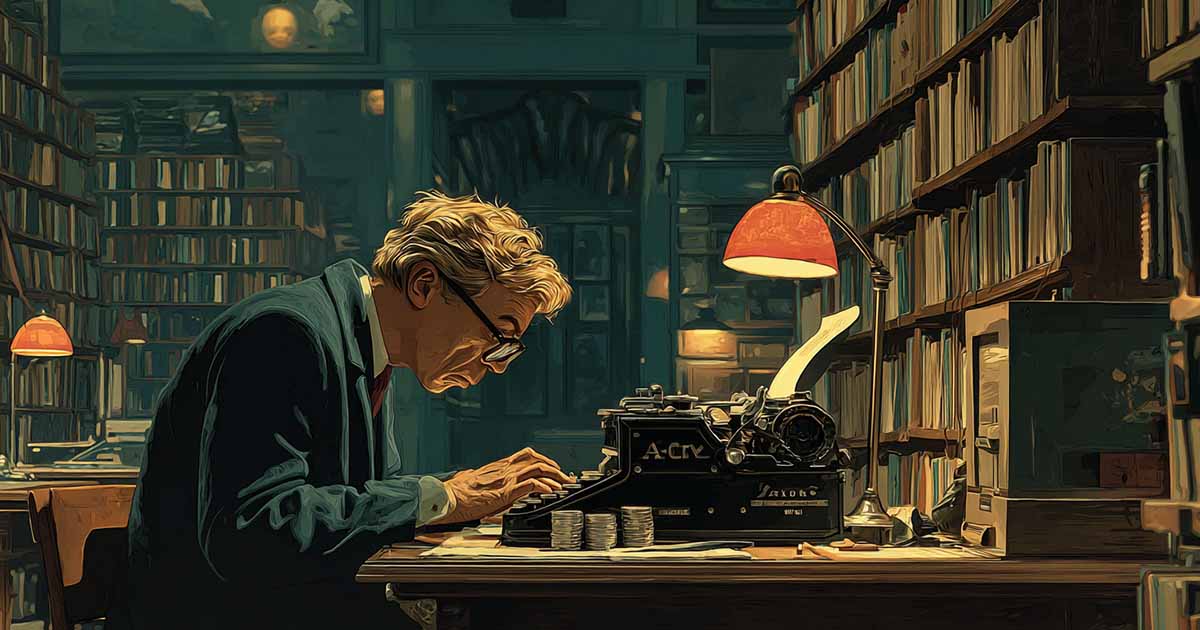 Ray Bradbury writing on a coin operated typewriter in a library.