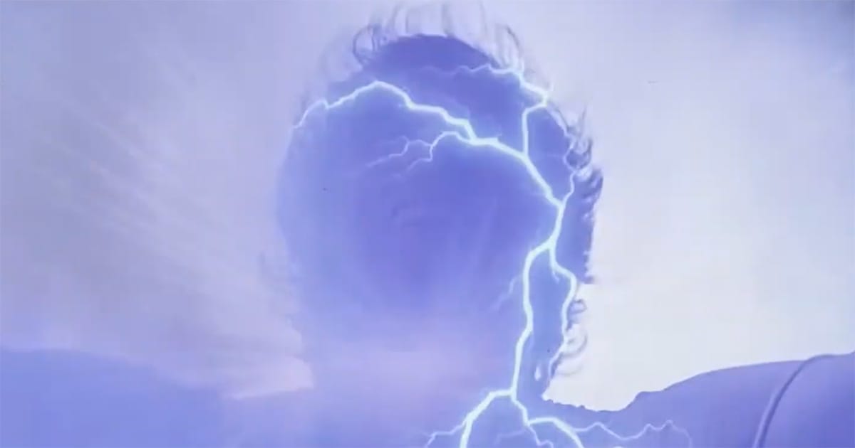 Man surrounded by blue lightning during time travel transition in Quantum Leap