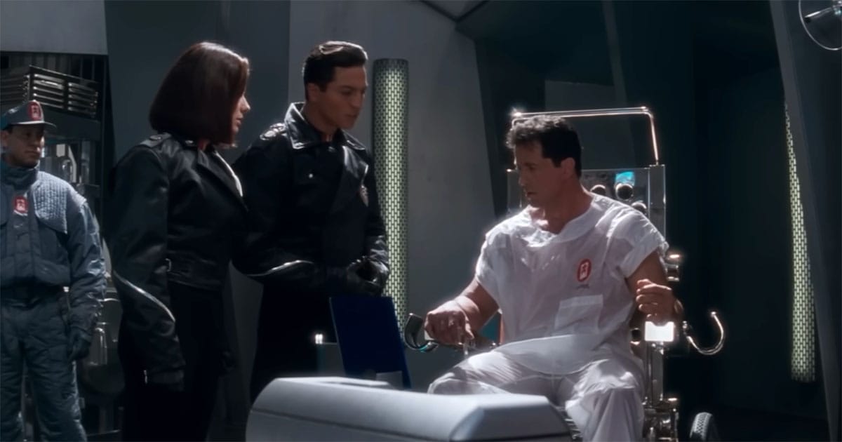 John Spartan is revived in a futuristic San Angeles and encounters a controlled, crime-free society in Demolition Man (1993).