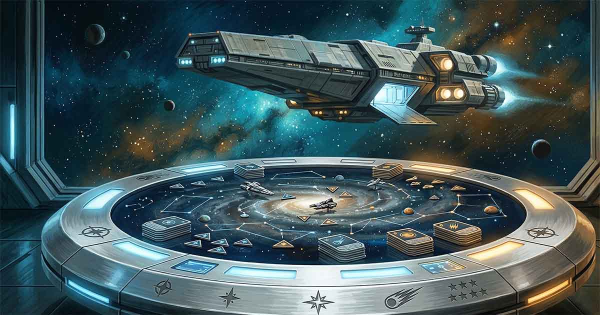 Star Trek inspired board game table in space with starship above and cards and miniatures arranged like a galaxy.
